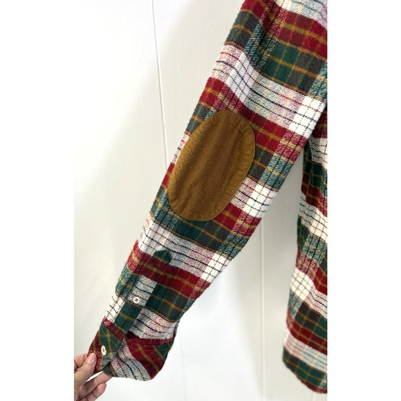 Merona Flannel Shirt Shacket Elbow Patches Red Plaid Western Holiday Size Large - Picture 8 of 11